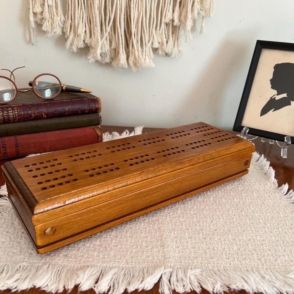Wood Cribbage Box for Two Decks of Cards, Wood Pegs  (3989)